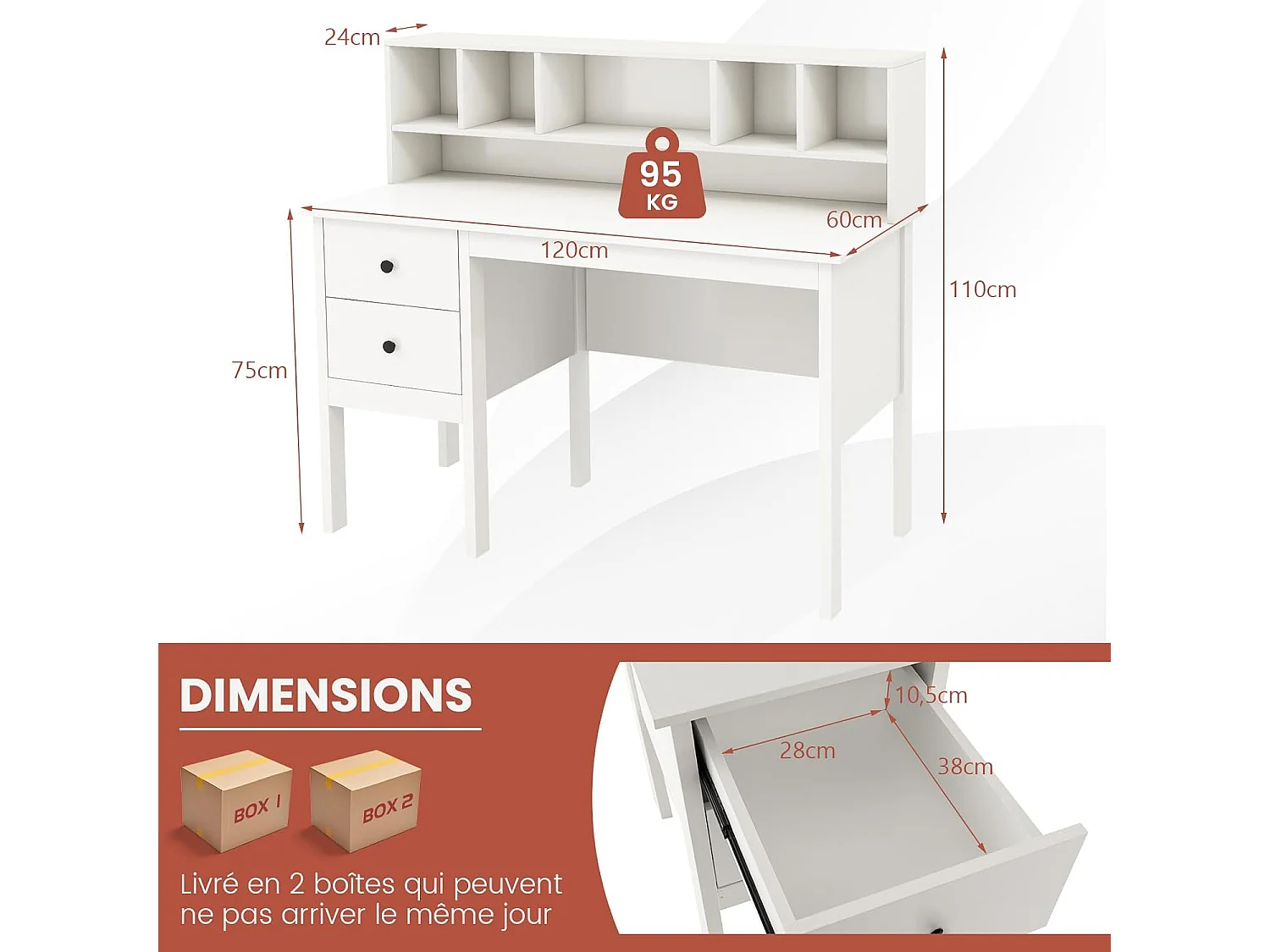 Bureau d'ordinateur 60 x 120 cm, Table de Travail avec Étagères 5 Compartiments et 2 Tiroirs de Rangement, Poste de Travail Informatique en Bois, Blanc