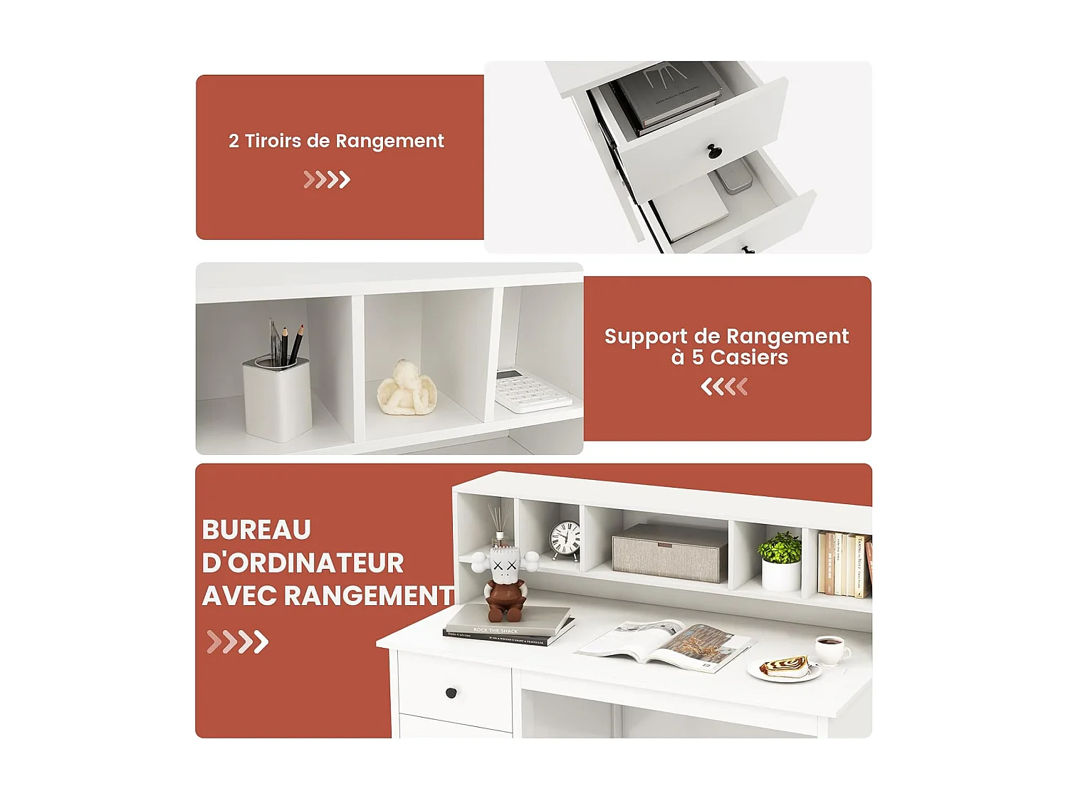 Bureau d'ordinateur 60 x 120 cm, Table de Travail avec Étagères 5 Compartiments et 2 Tiroirs de Rangement, Poste de Travail Informatique en Bois, Blanc