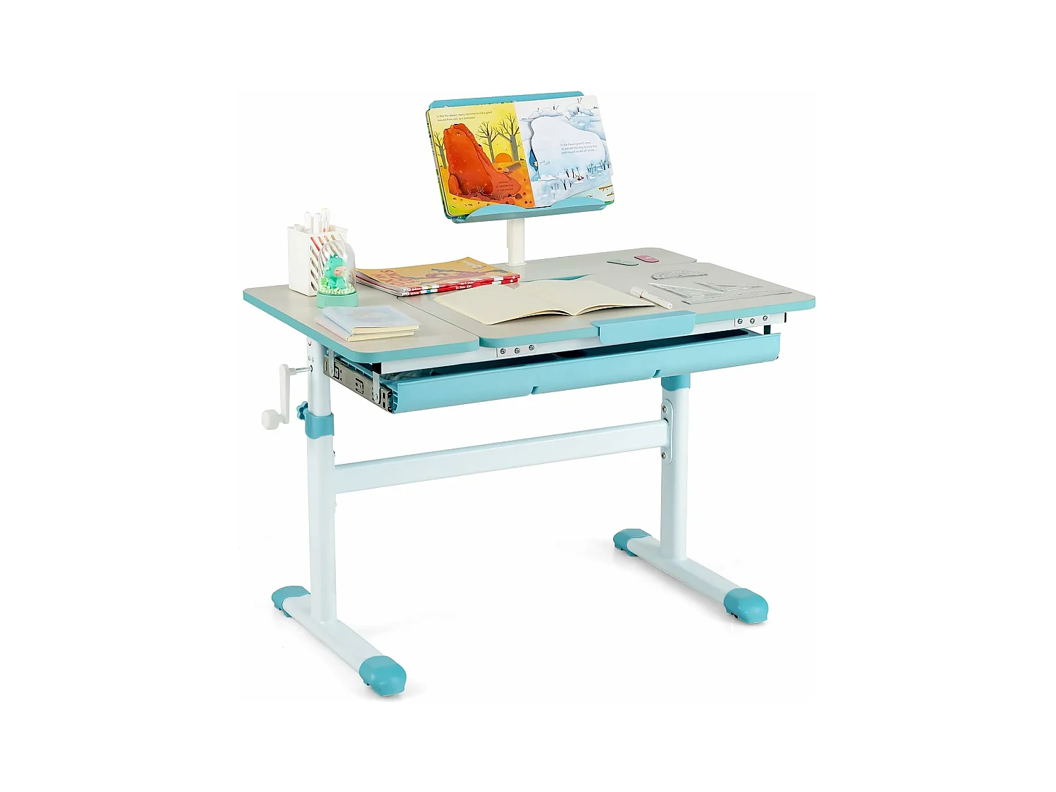 Bureau Enfants avec Réglable en Hauteur (51-73 cm) & Plateau Inclinable(0-60°), Table d'Etude Ergonomique avec Support de Livre & Tiroir, Charge 80kg pour Enfants de 3-12 Ans Bleu