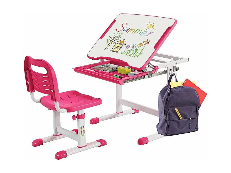 Bureau Enfant à Hauteur Réglable Inclinable 0-45°, Ensemble Table et Chaise avec Plateau, 1 Tiroir et Crochet en Métal Rose
