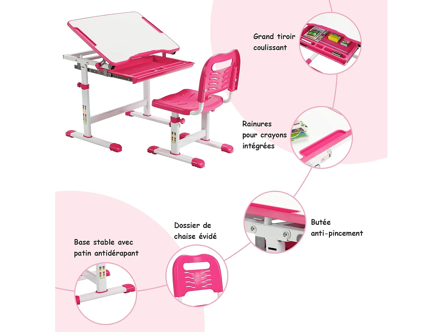 Bureau Enfant à Hauteur Réglable Inclinable 0-45°, Ensemble Table et Chaise avec Plateau, 1 Tiroir et Crochet en Métal Rose