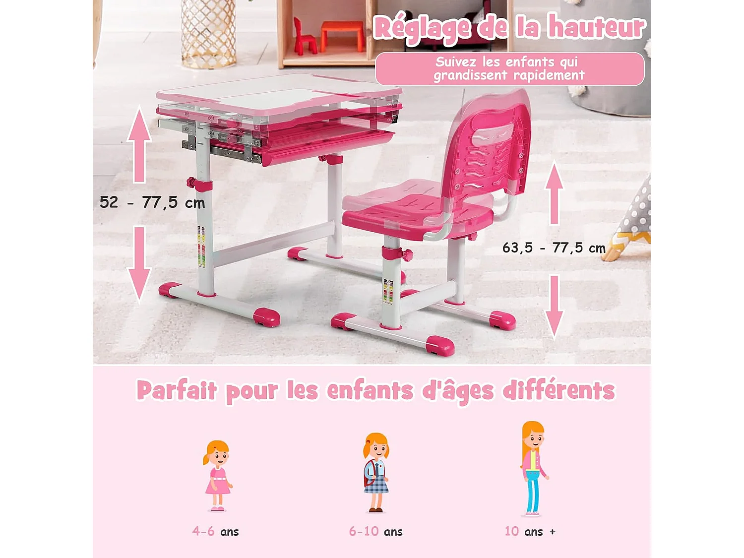 Bureau Enfant à Hauteur Réglable Inclinable 0-45°, Ensemble Table et Chaise avec Plateau, 1 Tiroir et Crochet en Métal Rose