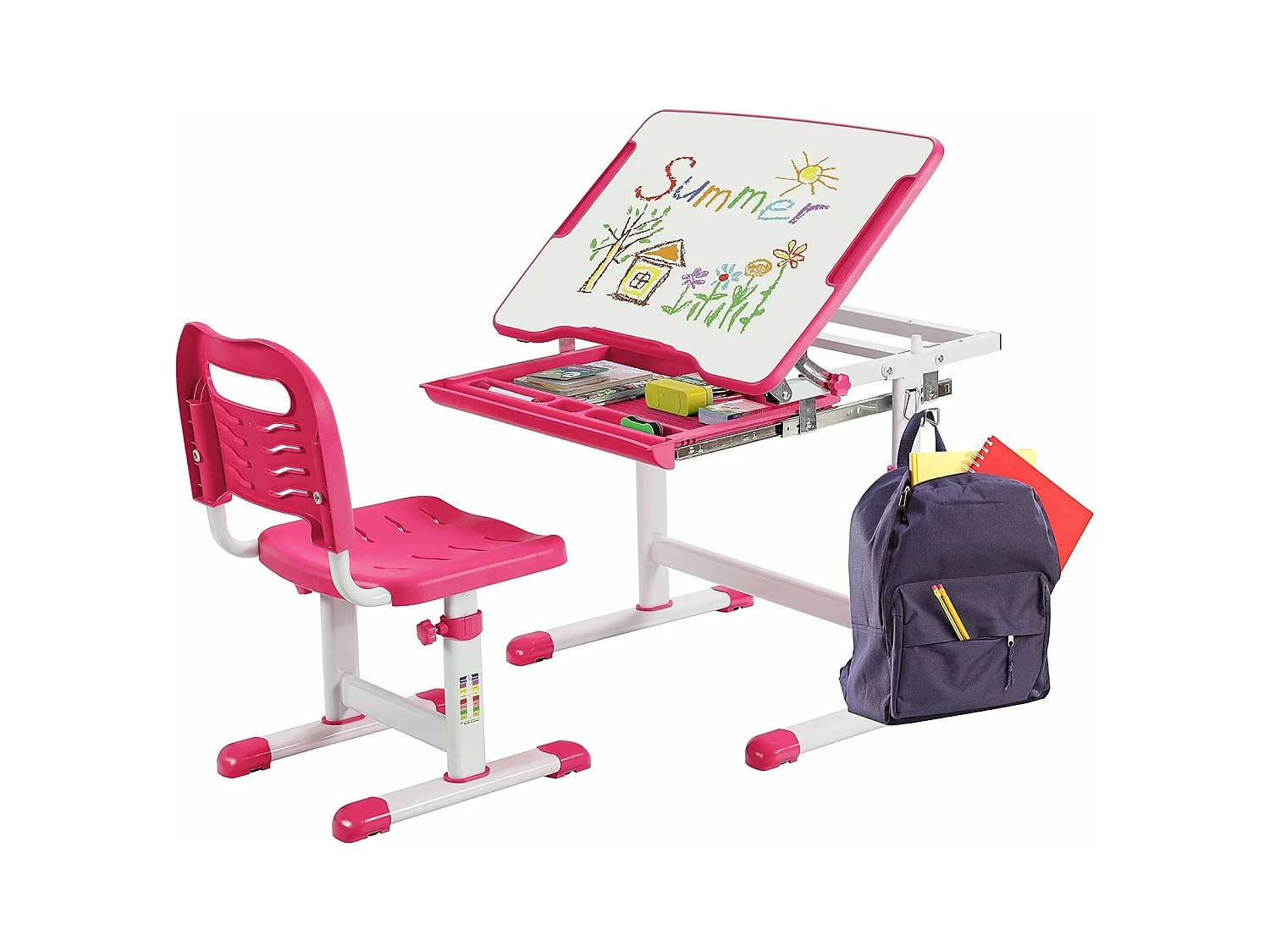 Bureau Enfant à Hauteur Réglable Inclinable 0-45°, Ensemble Table et Chaise avec Plateau, 1 Tiroir et Crochet en Métal Rose