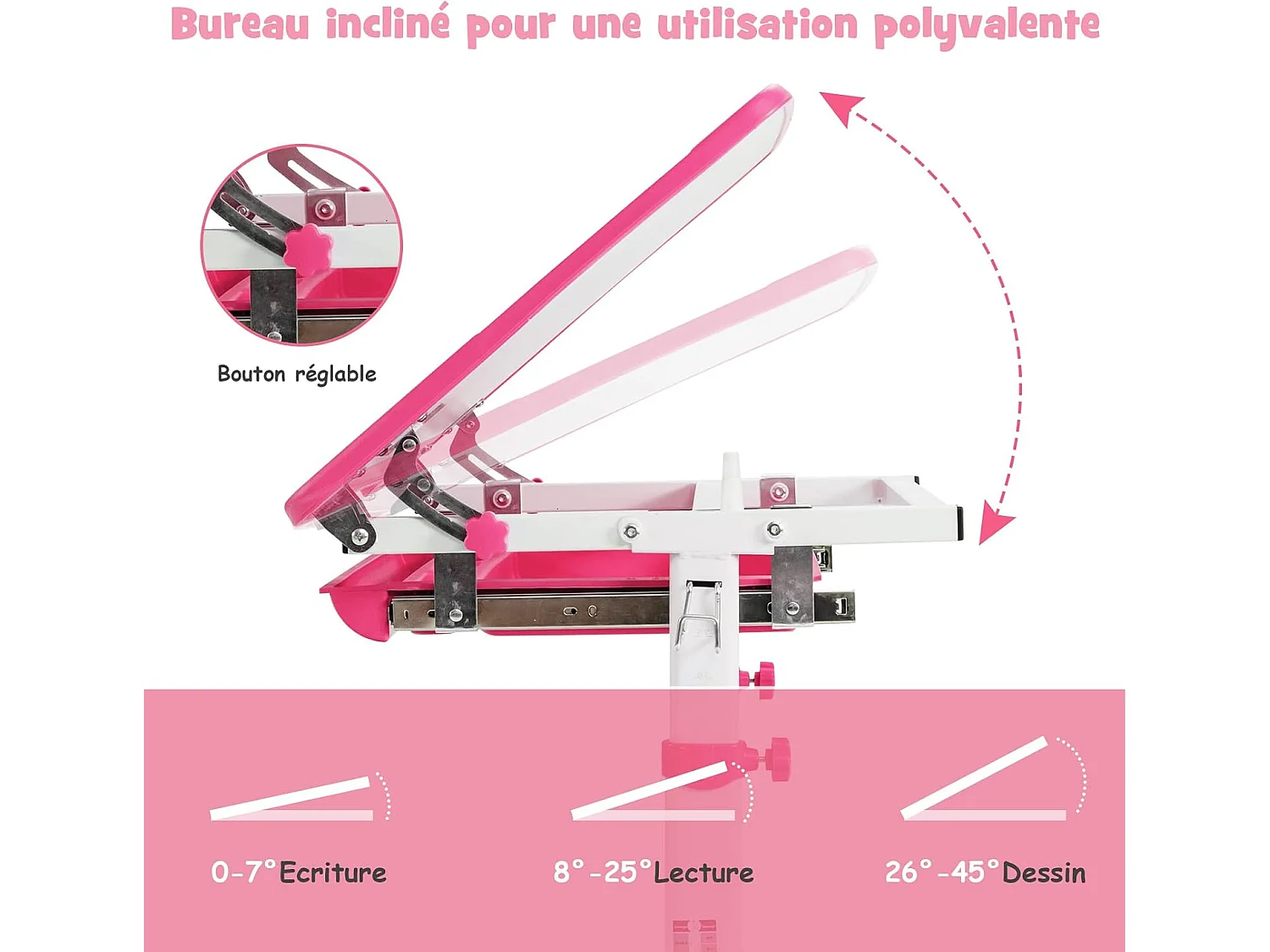 Bureau Enfant à Hauteur Réglable Inclinable 0-45°, Ensemble Table et Chaise avec Plateau, 1 Tiroir et Crochet en Métal Rose