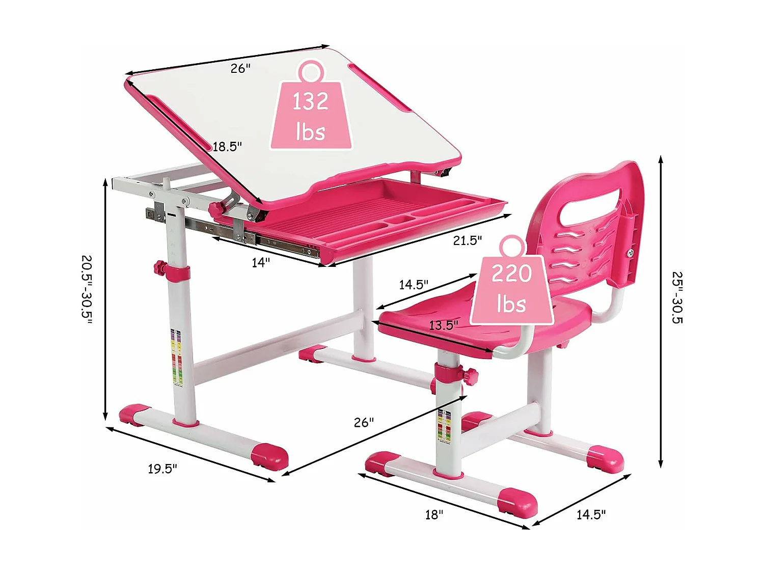 Bureau Enfant à Hauteur Réglable Inclinable 0-45°, Ensemble Table et Chaise avec Plateau, 1 Tiroir et Crochet en Métal Rose