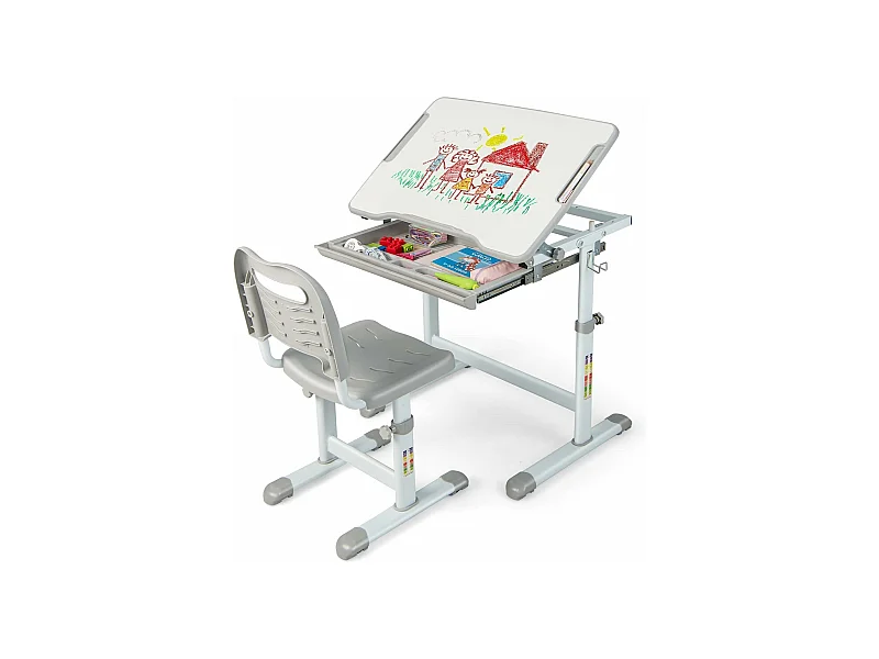 Bureau pour Enfant, Hauteur Réglable, Inclinable 0-45°, Ensemble Table et Chaise avec Plateau, Tiroir Gris
