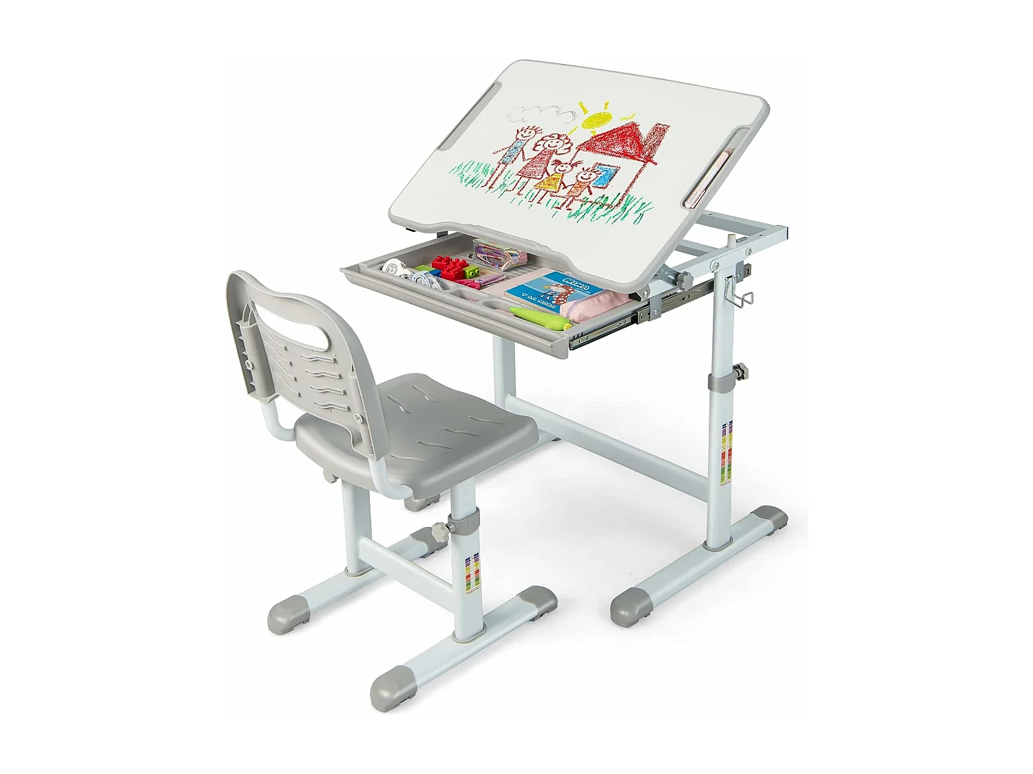 Bureau pour Enfant, Hauteur Réglable, Inclinable 0-45°, Ensemble Table et Chaise avec Plateau, Tiroir Gris