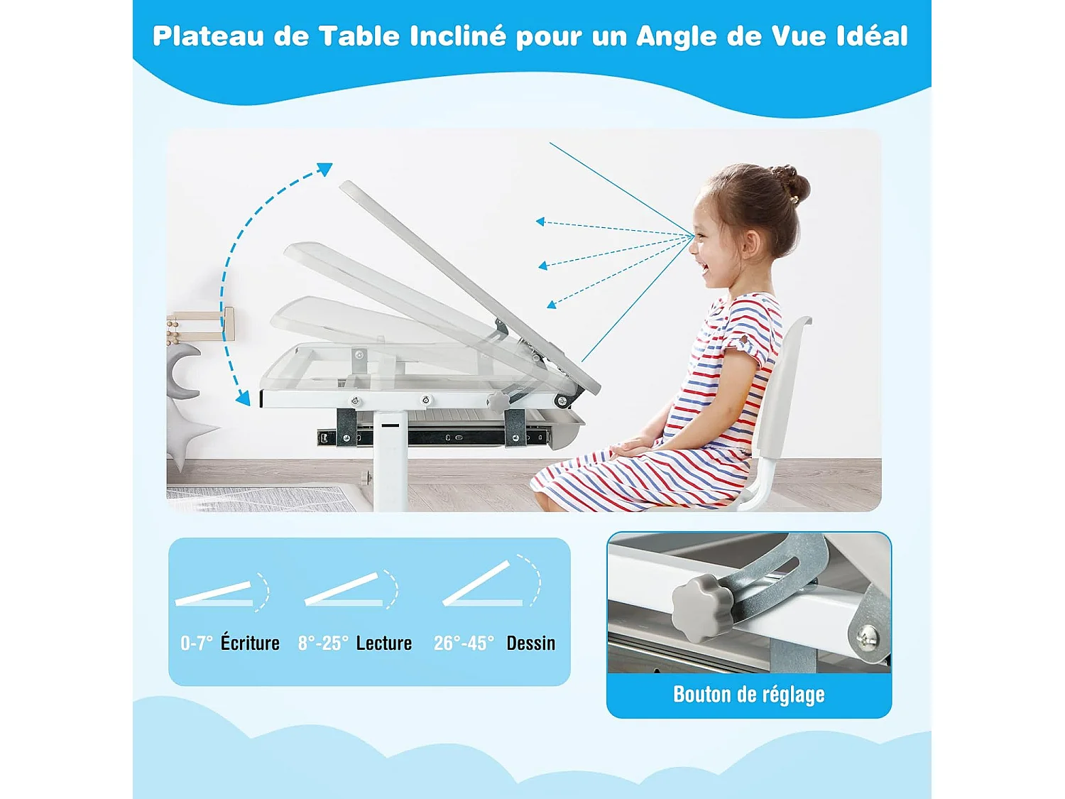 Bureau pour Enfant, Hauteur Réglable, Inclinable 0-45°, Ensemble Table et Chaise avec Plateau, Tiroir Gris