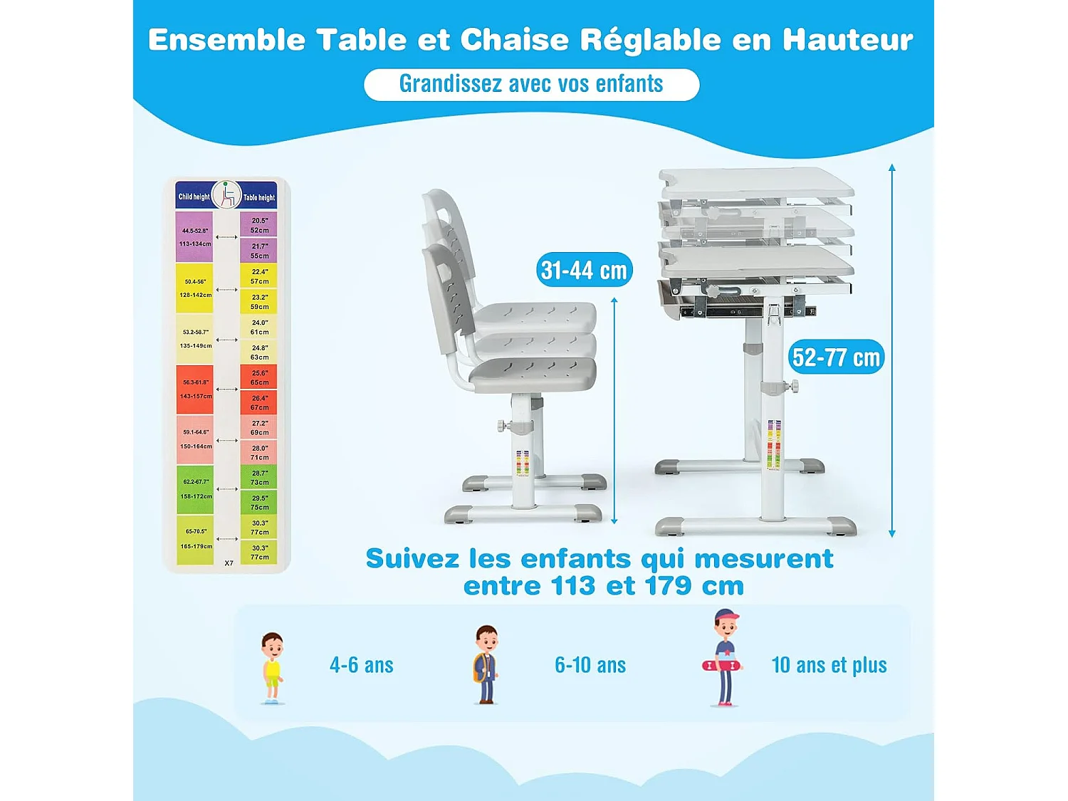 Bureau pour Enfant, Hauteur Réglable, Inclinable 0-45°, Ensemble Table et Chaise avec Plateau, Tiroir Gris