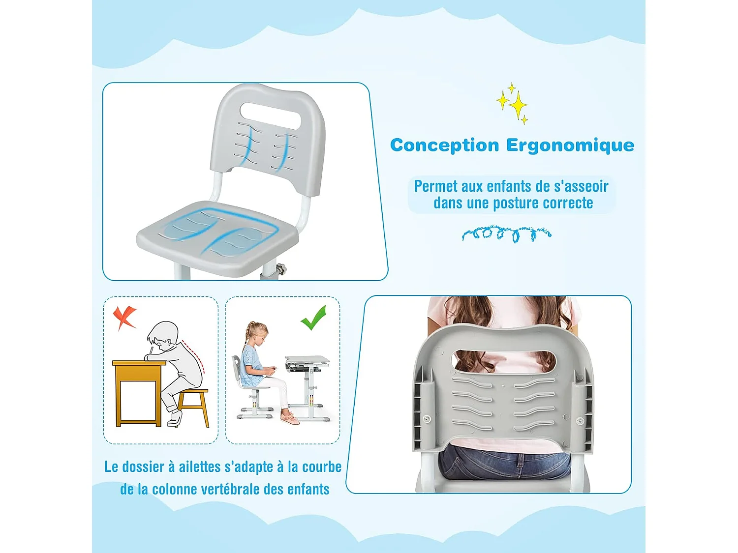 Bureau pour Enfant, Hauteur Réglable, Inclinable 0-45°, Ensemble Table et Chaise avec Plateau, Tiroir Gris