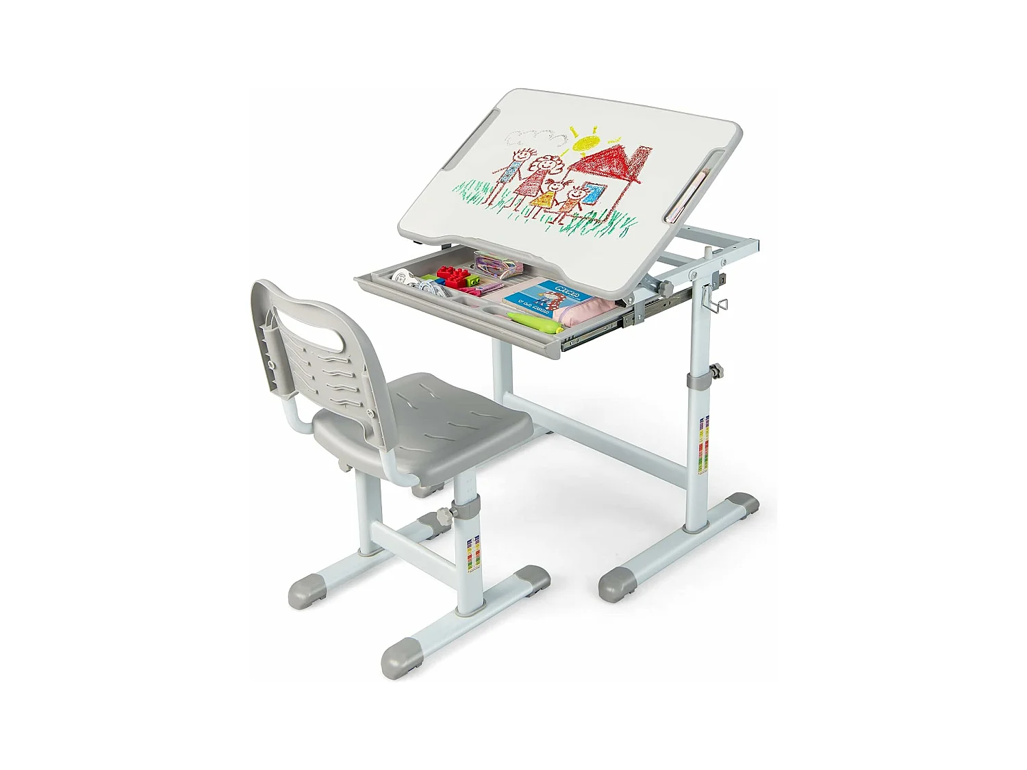 Bureau pour Enfant, Hauteur Réglable, Inclinable 0-45°, Ensemble Table et Chaise avec Plateau, Tiroir Gris