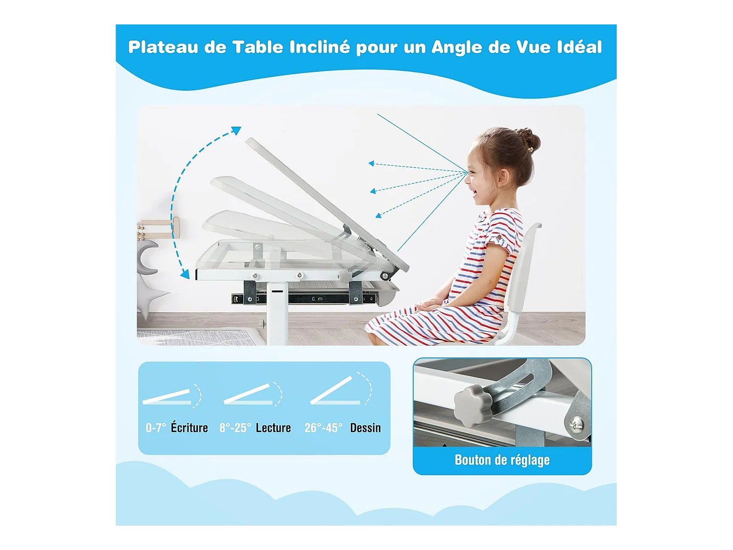 Bureau pour Enfant, Hauteur Réglable, Inclinable 0-45°, Ensemble Table et Chaise avec Plateau, Tiroir Gris