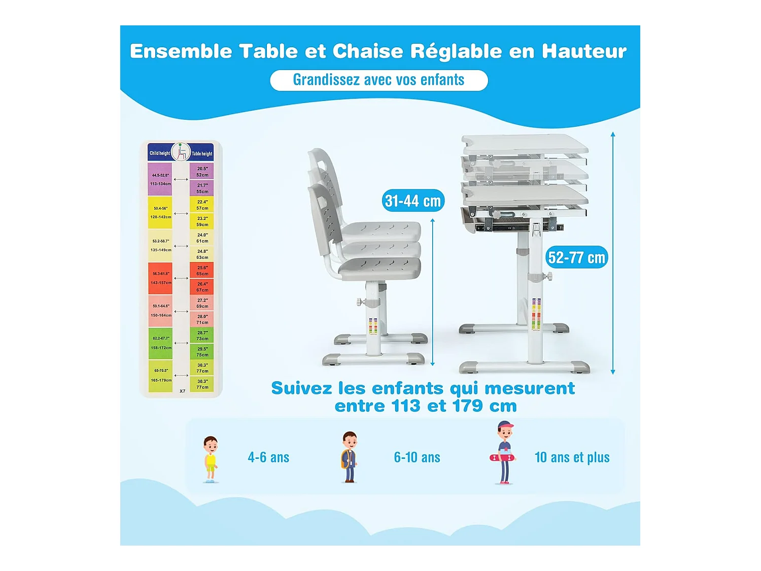 Bureau pour Enfant, Hauteur Réglable, Inclinable 0-45°, Ensemble Table et Chaise avec Plateau, Tiroir Gris