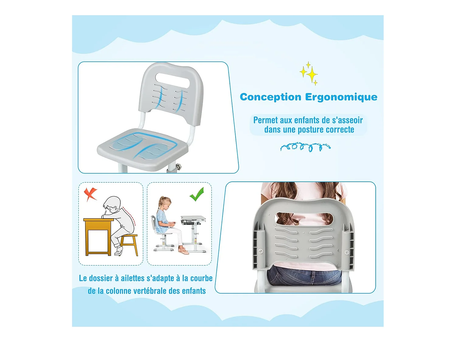 Bureau pour Enfant, Hauteur Réglable, Inclinable 0-45°, Ensemble Table et Chaise avec Plateau, Tiroir Gris