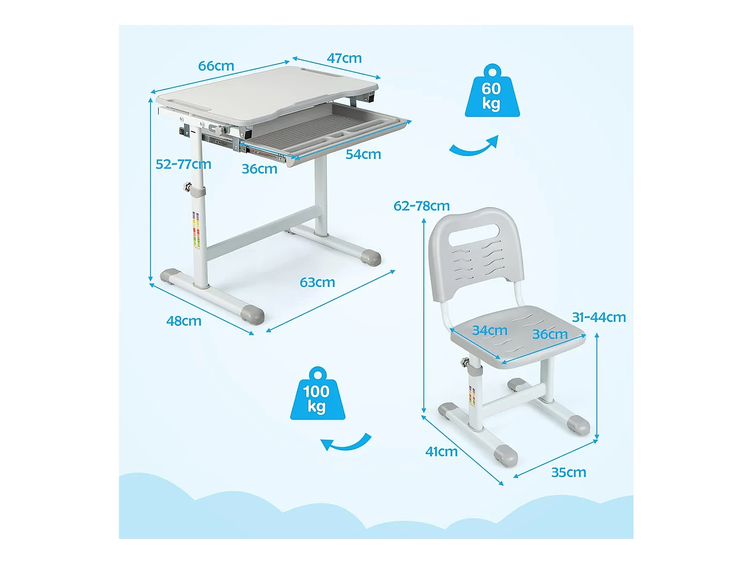 Bureau pour Enfant, Hauteur Réglable, Inclinable 0-45°, Ensemble Table et Chaise avec Plateau, Tiroir Gris