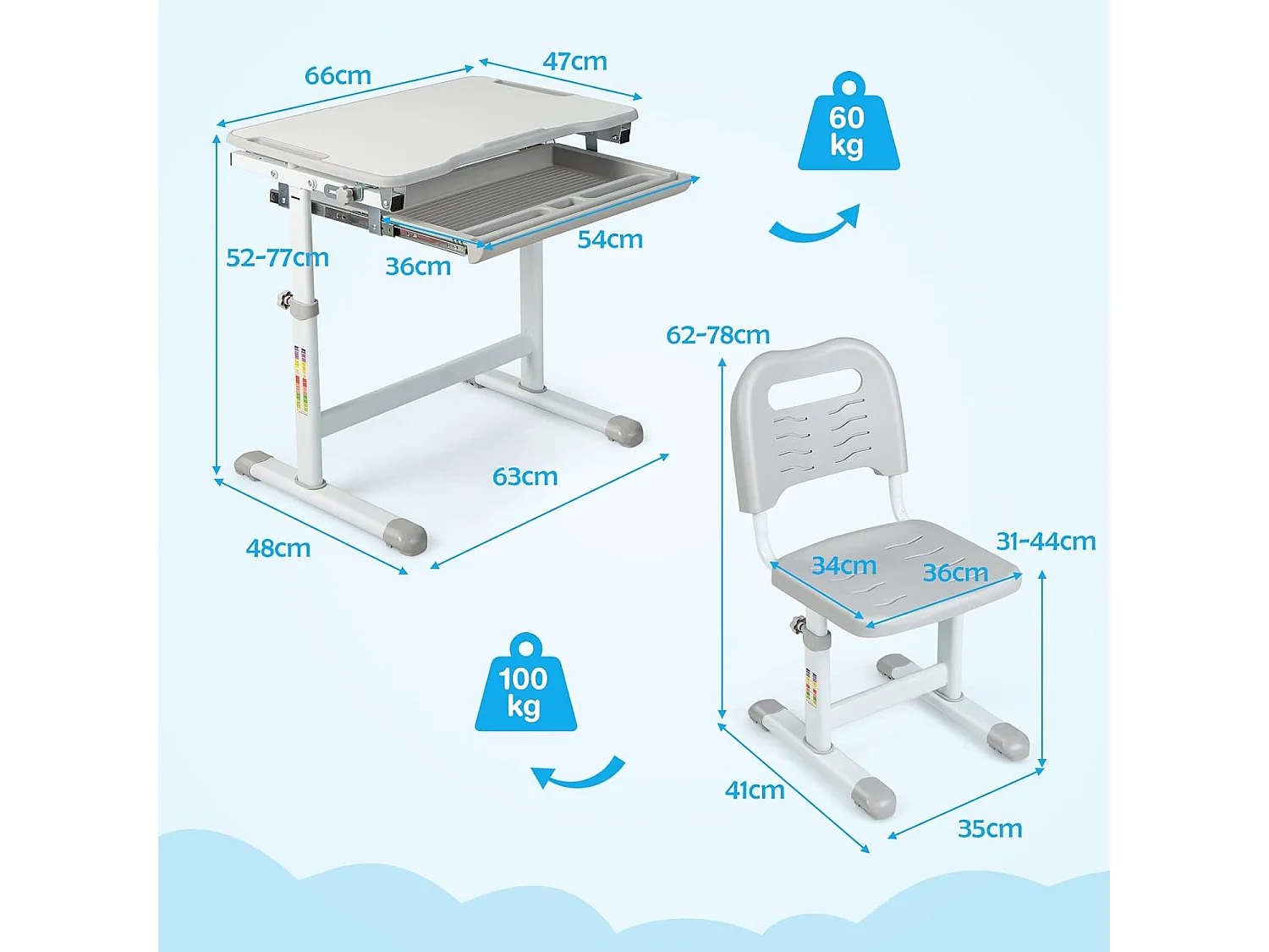 Bureau pour Enfant, Hauteur Réglable, Inclinable 0-45°, Ensemble Table et Chaise avec Plateau, Tiroir Gris