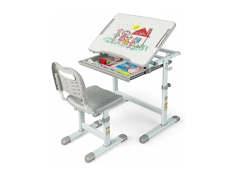 Bureau pour Enfant, Hauteur Réglable, Inclinable 0-45°, Ensemble Table et Chaise avec Plateau, Tiroir Gris