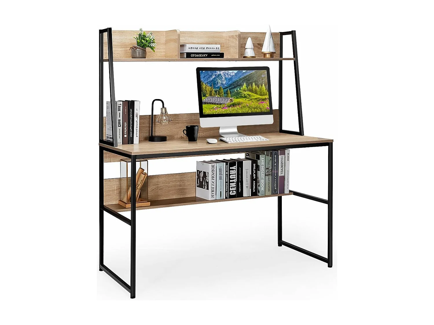 Bureau avec Bibliothèque, Bureau d’Ordinateur à Domicile avec Étagères de Rangement, Table de Travail Design Industriel, 57 x 120 x 139,5 cm (Naturel)