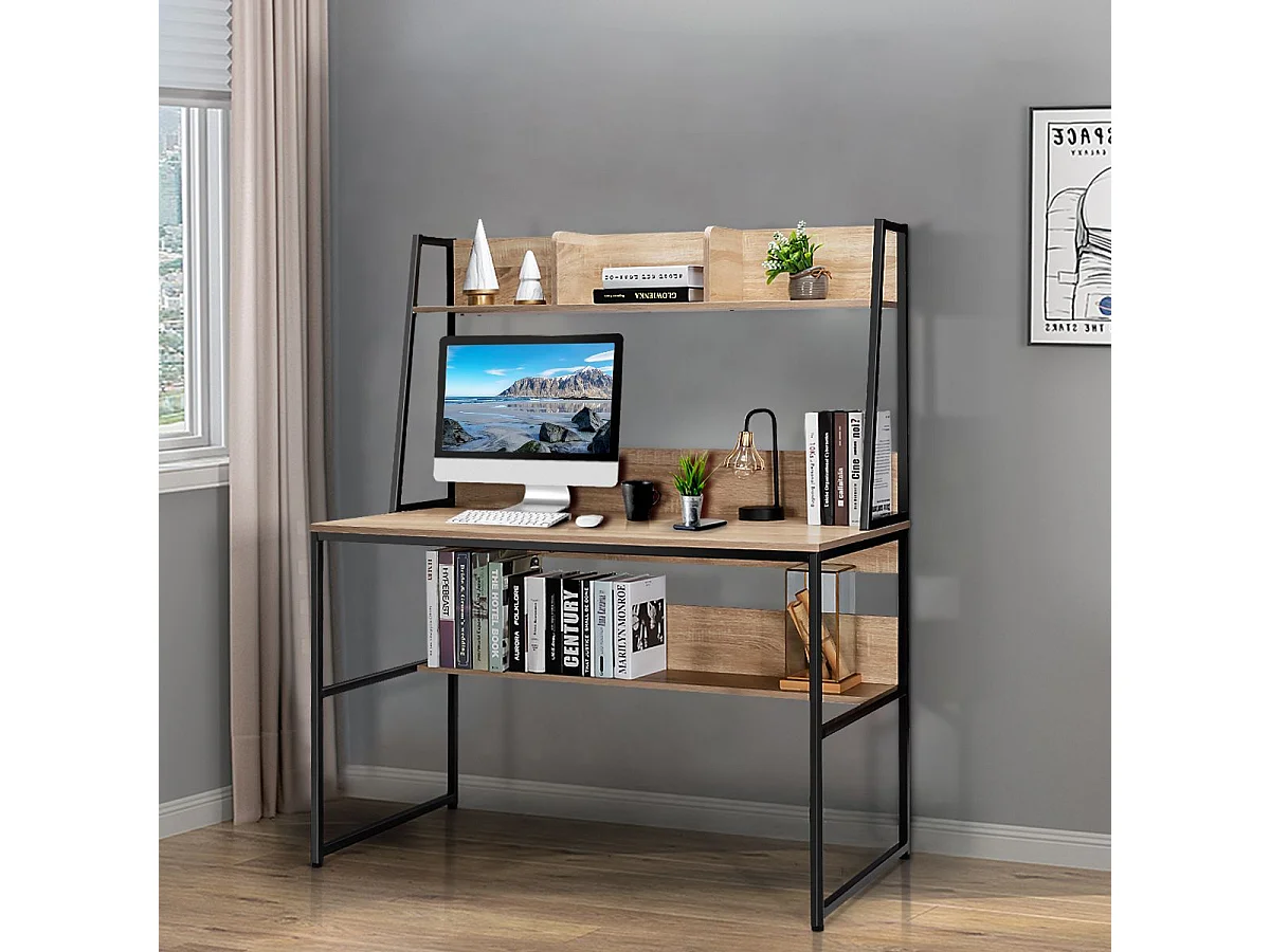 Bureau avec Bibliothèque, Bureau d’Ordinateur à Domicile avec Étagères de Rangement, Table de Travail Design Industriel, 57 x 120 x 139,5 cm (Naturel)