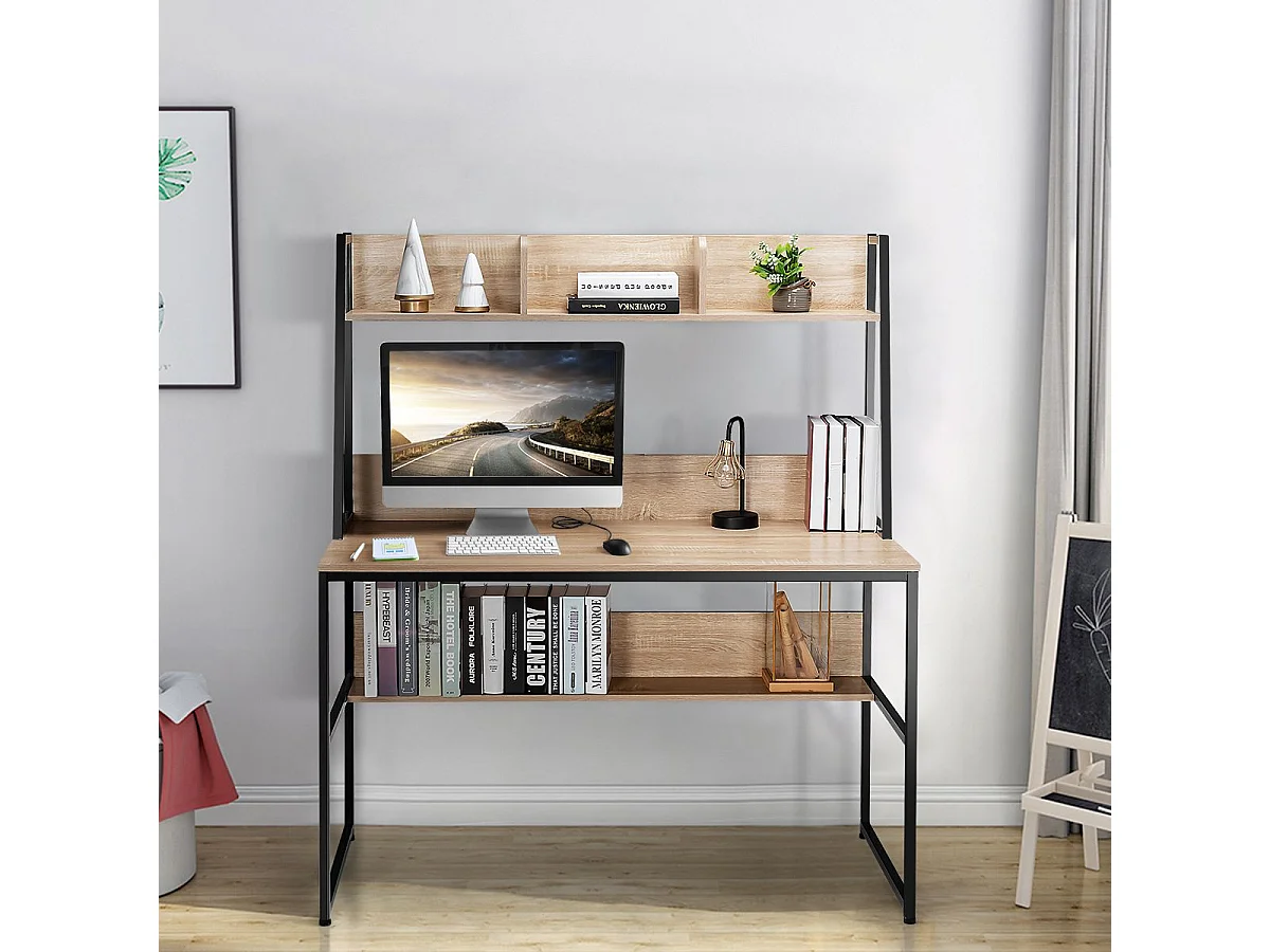 Bureau avec Bibliothèque, Bureau d’Ordinateur à Domicile avec Étagères de Rangement, Table de Travail Design Industriel, 57 x 120 x 139,5 cm (Naturel)