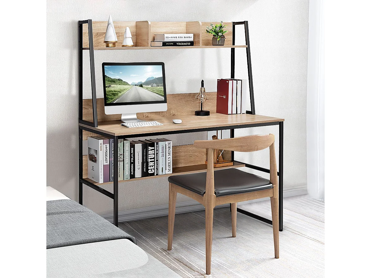 Bureau avec Bibliothèque, Bureau d’Ordinateur à Domicile avec Étagères de Rangement, Table de Travail Design Industriel, 57 x 120 x 139,5 cm (Naturel)