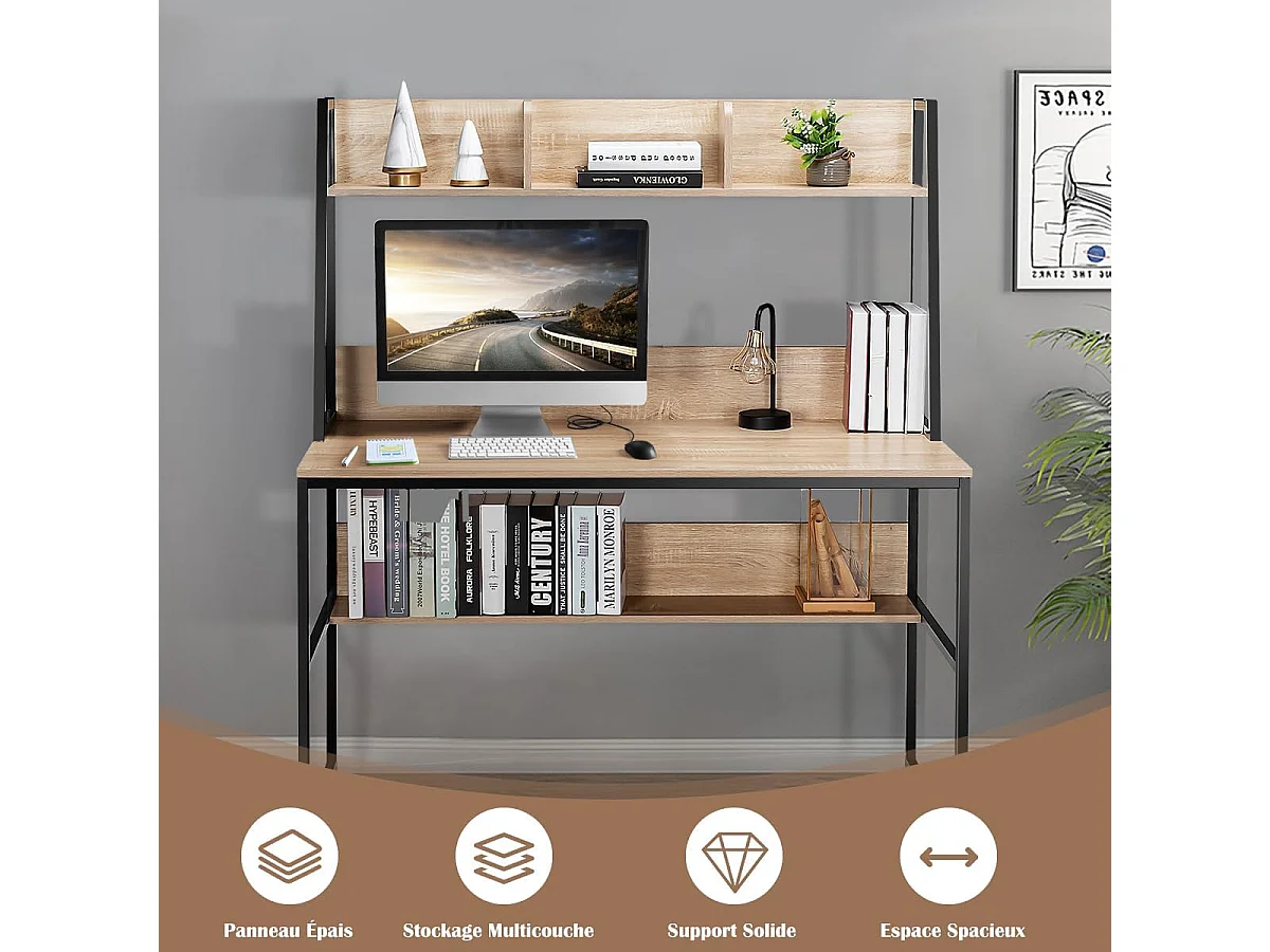 Bureau avec Bibliothèque, Bureau d’Ordinateur à Domicile avec Étagères de Rangement, Table de Travail Design Industriel, 57 x 120 x 139,5 cm (Naturel)