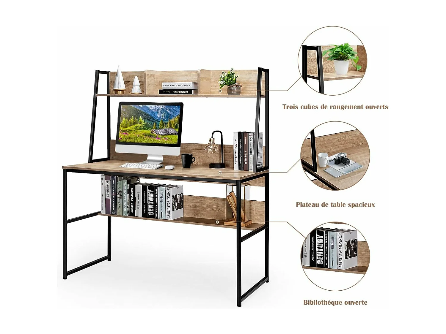 Bureau avec Bibliothèque, Bureau d’Ordinateur à Domicile avec Étagères de Rangement, Table de Travail Design Industriel, 57 x 120 x 139,5 cm (Naturel)