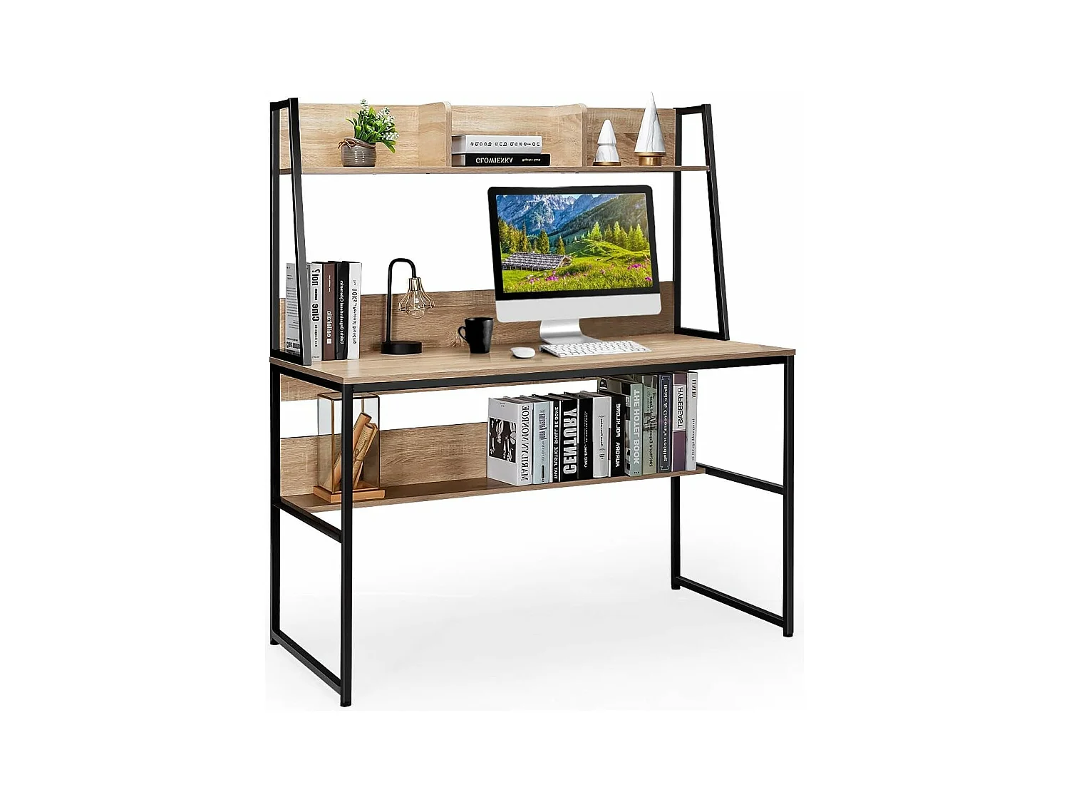 Bureau avec Bibliothèque, Bureau d’Ordinateur à Domicile avec Étagères de Rangement, Table de Travail Design Industriel, 57 x 120 x 139,5 cm (Naturel)