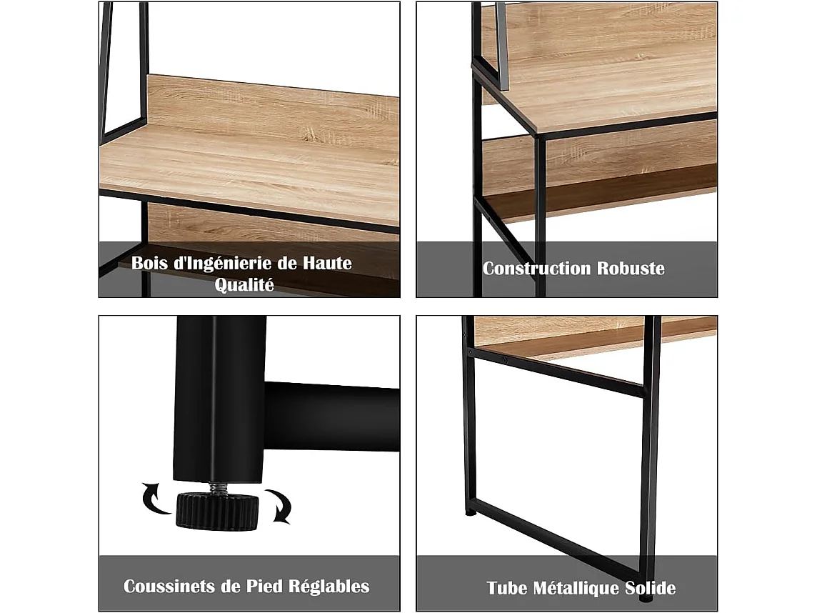 Bureau avec Bibliothèque, Bureau d’Ordinateur à Domicile avec Étagères de Rangement, Table de Travail Design Industriel, 57 x 120 x 139,5 cm (Naturel)