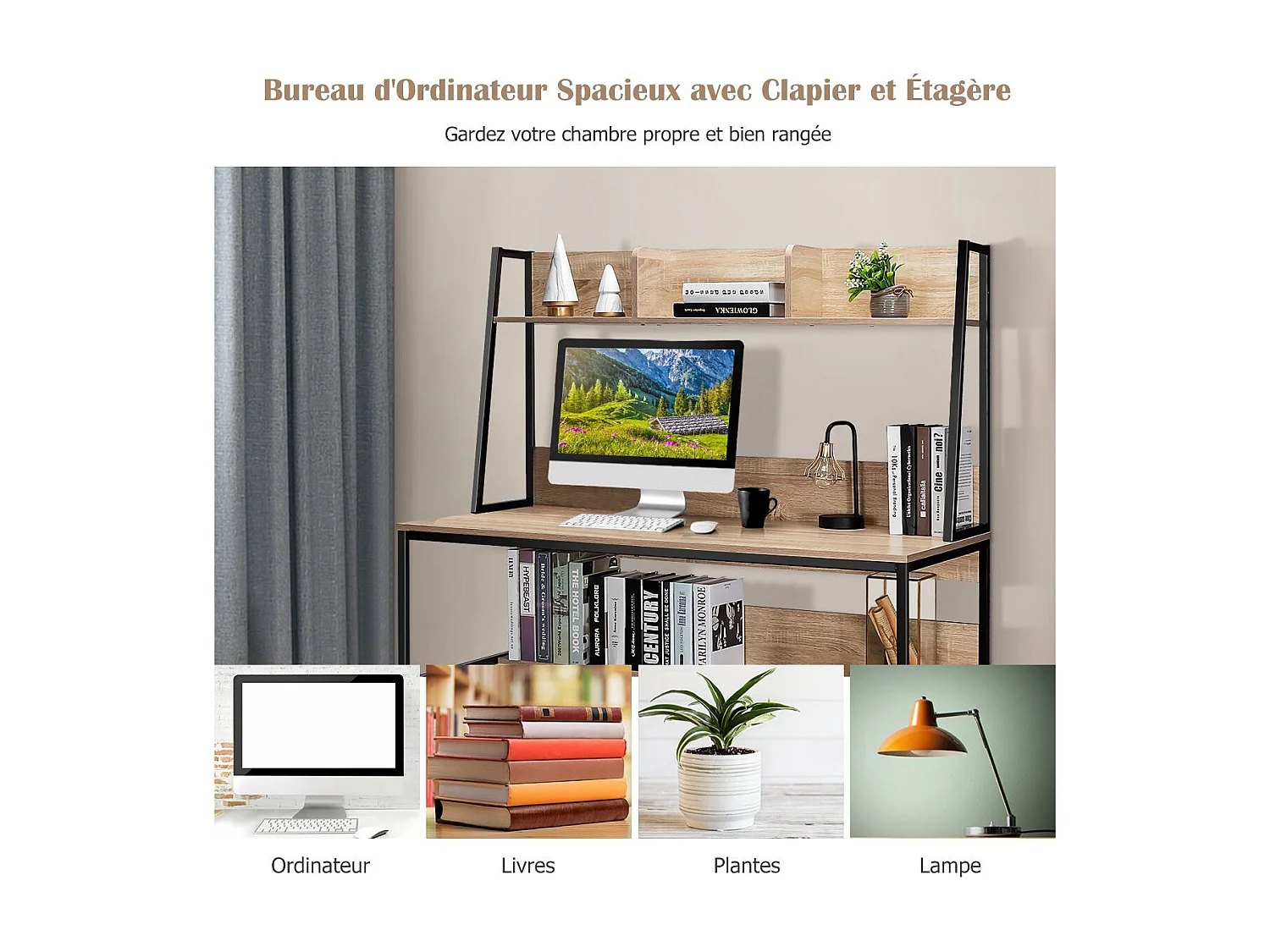 Bureau avec Bibliothèque, Bureau d’Ordinateur à Domicile avec Étagères de Rangement, Table de Travail Design Industriel, 57 x 120 x 139,5 cm (Naturel)