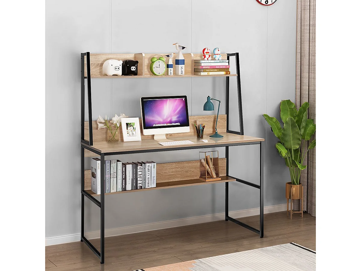 Bureau avec Bibliothèque, Bureau d’Ordinateur à Domicile avec Étagères de Rangement, Table de Travail Design Industriel, 57 x 120 x 139,5 cm (Naturel)