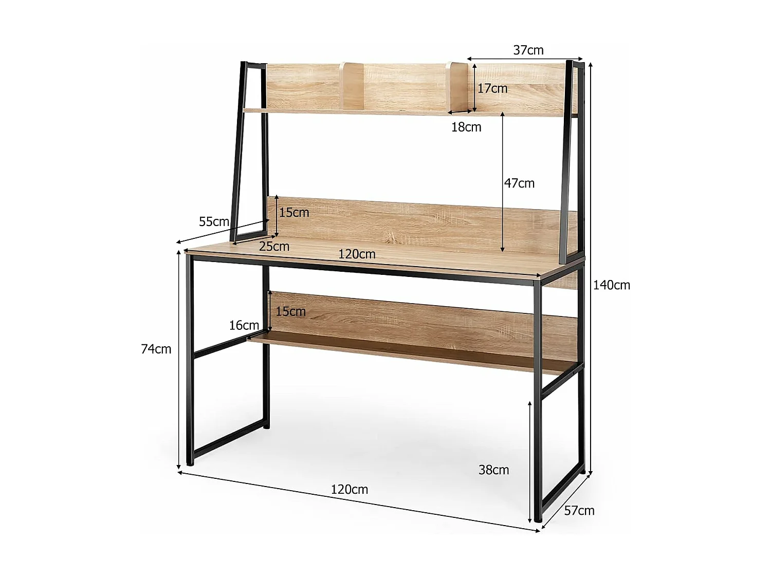Bureau avec Bibliothèque, Bureau d’Ordinateur à Domicile avec Étagères de Rangement, Table de Travail Design Industriel, 57 x 120 x 139,5 cm (Naturel)