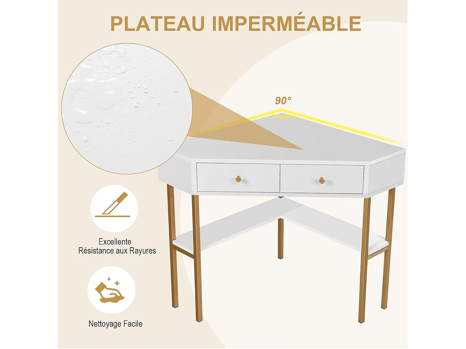 Table Bureau d'Angle avec 2 Tiroirs/Table Imformatique pour Ordinateur avec Etagère de Rangement Blanc