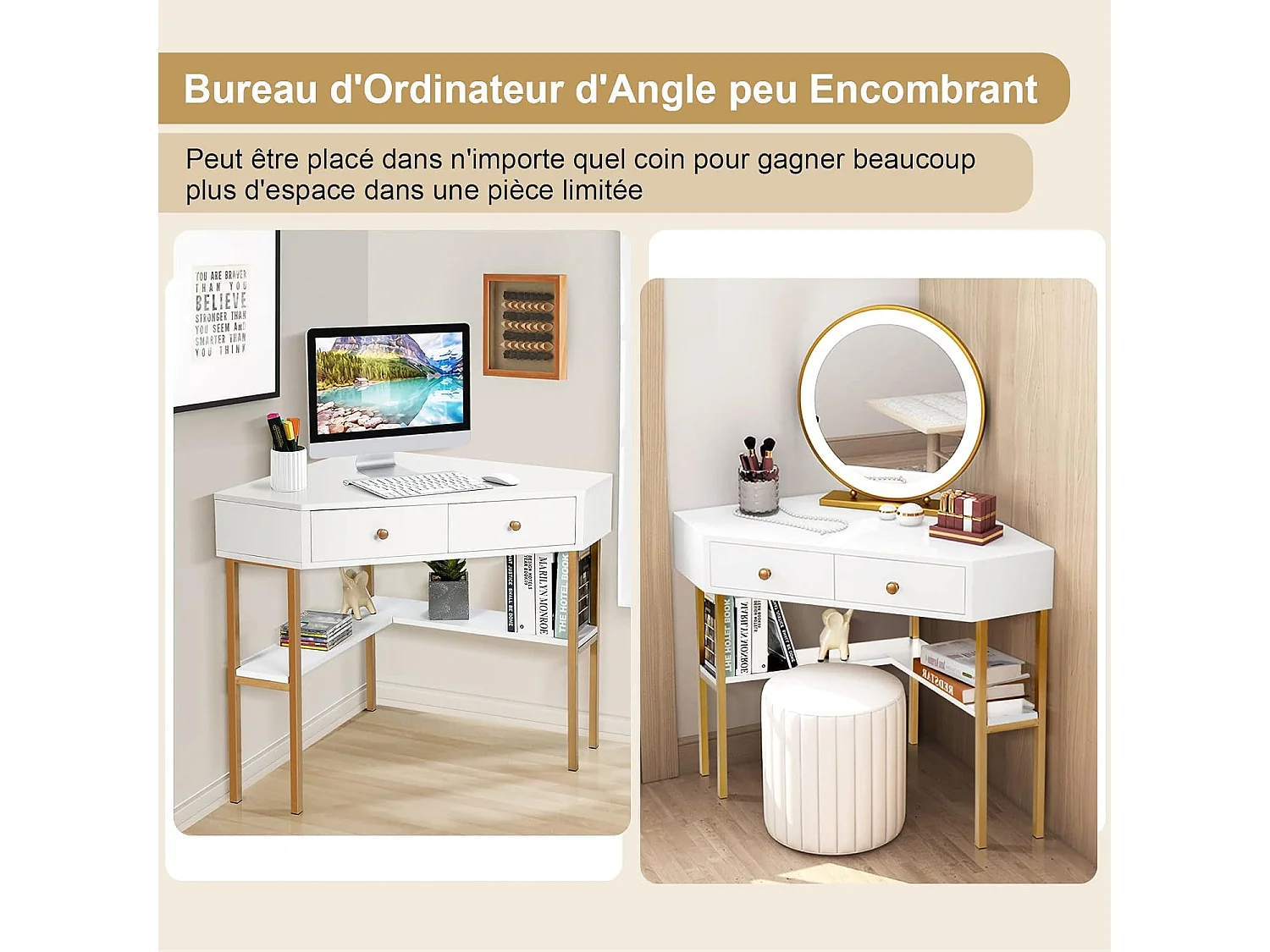 Table Bureau d'Angle avec 2 Tiroirs/Table Imformatique pour Ordinateur avec Etagère de Rangement Blanc