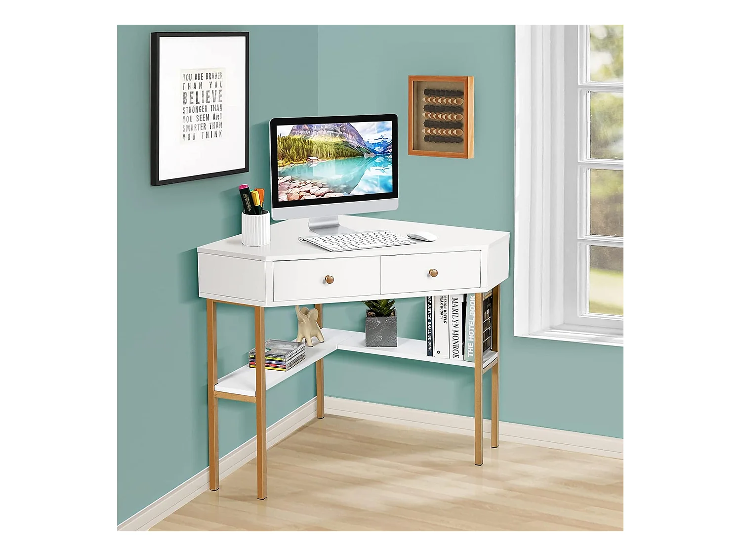 Table Bureau d'Angle avec 2 Tiroirs/Table Imformatique pour Ordinateur avec Etagère de Rangement Blanc