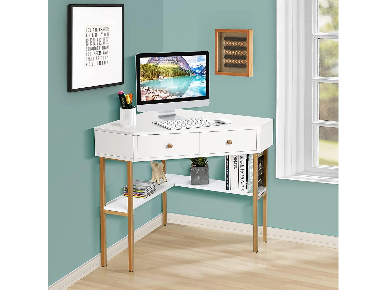 Table Bureau d'Angle avec 2 Tiroirs/Table Imformatique pour Ordinateur avec Etagère de Rangement Blanc