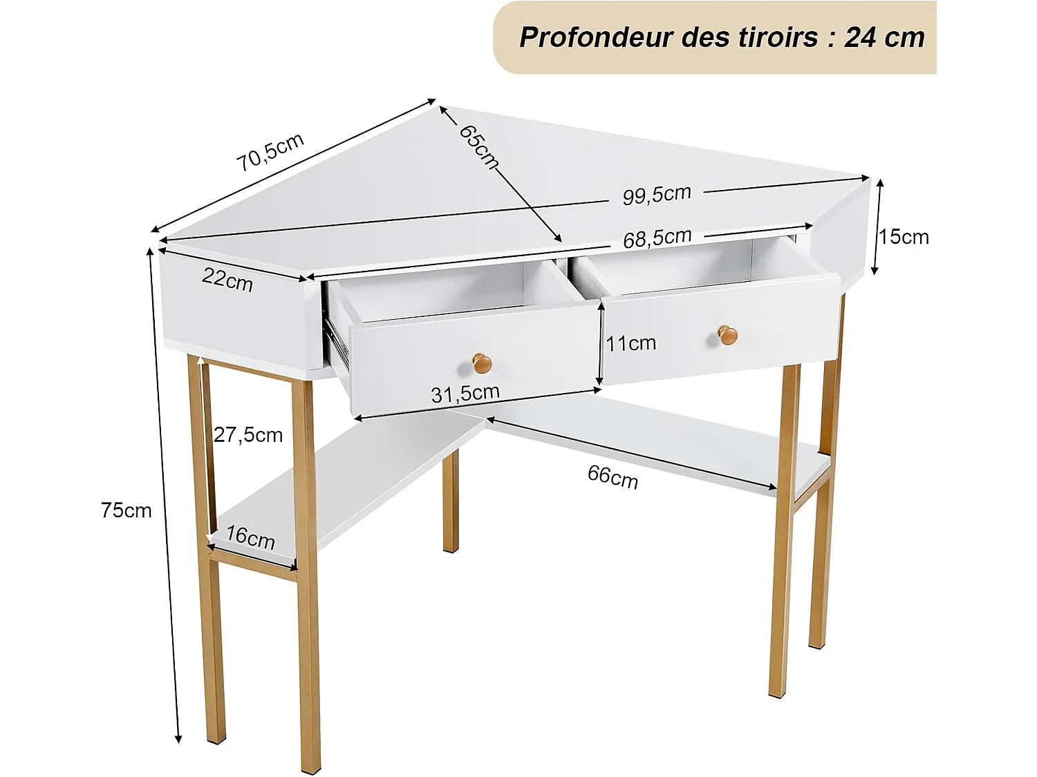 Table Bureau d'Angle avec 2 Tiroirs/Table Imformatique pour Ordinateur avec Etagère de Rangement Blanc