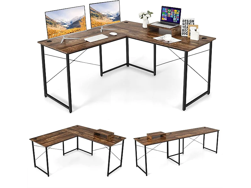 Bureau d'angle en L Réversible avec Support de Moniteur/Poste de Travail Industriel pour 2 Personnes avec 3 Trous de Câble- 150 x 150 x 74 CM, Marron Rustique