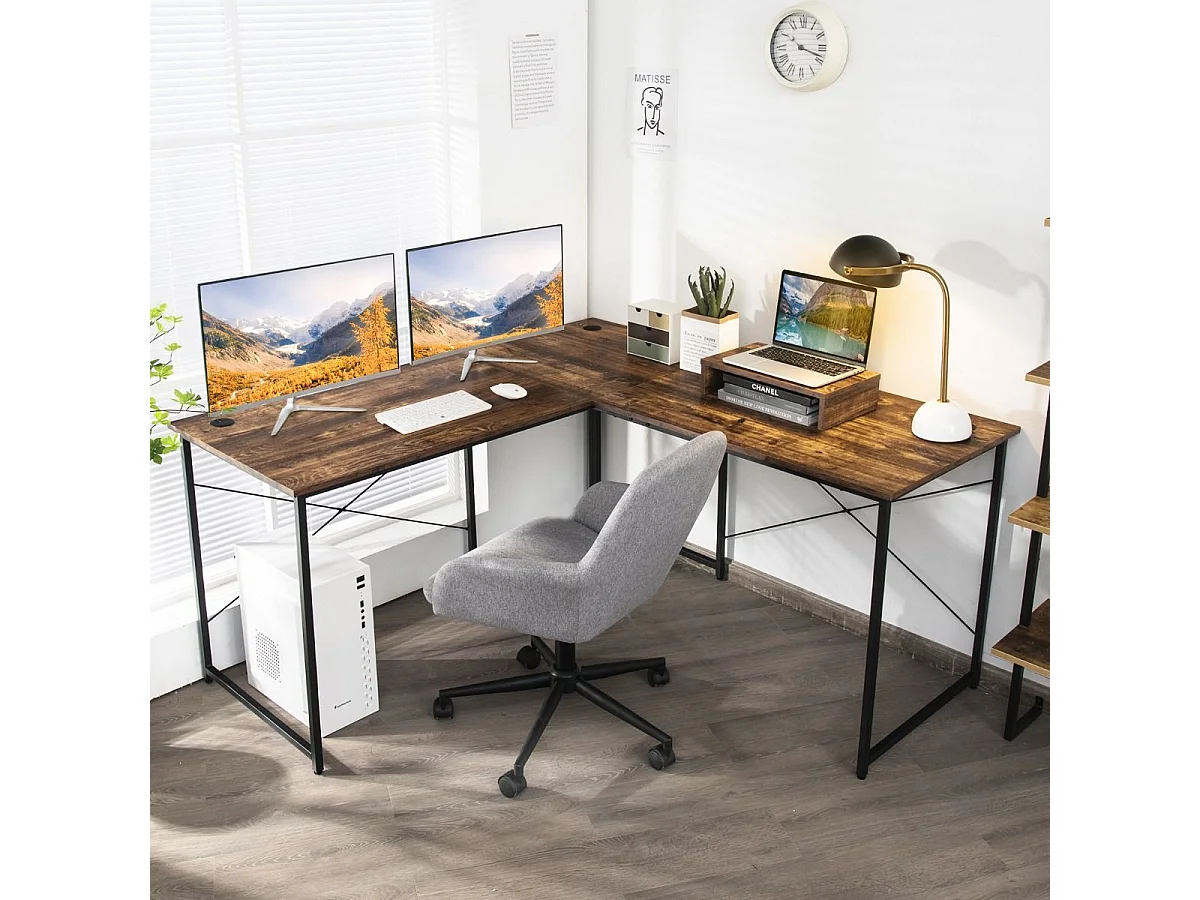 Bureau d'angle en L Réversible avec Support de Moniteur/Poste de Travail Industriel pour 2 Personnes avec 3 Trous de Câble- 150 x 150 x 74 CM, Marron Rustique