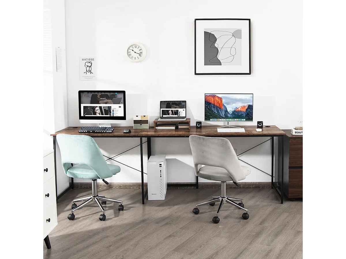 Bureau d'angle en L Réversible avec Support de Moniteur/Poste de Travail Industriel pour 2 Personnes avec 3 Trous de Câble- 150 x 150 x 74 CM, Marron Rustique