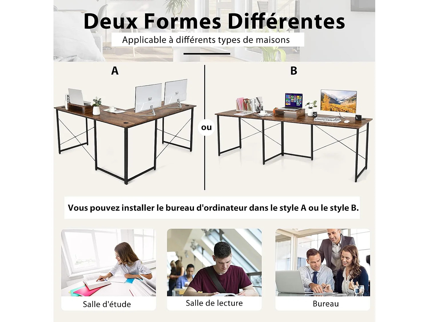 Bureau d'angle en L Réversible avec Support de Moniteur/Poste de Travail Industriel pour 2 Personnes avec 3 Trous de Câble- 150 x 150 x 74 CM, Marron Rustique