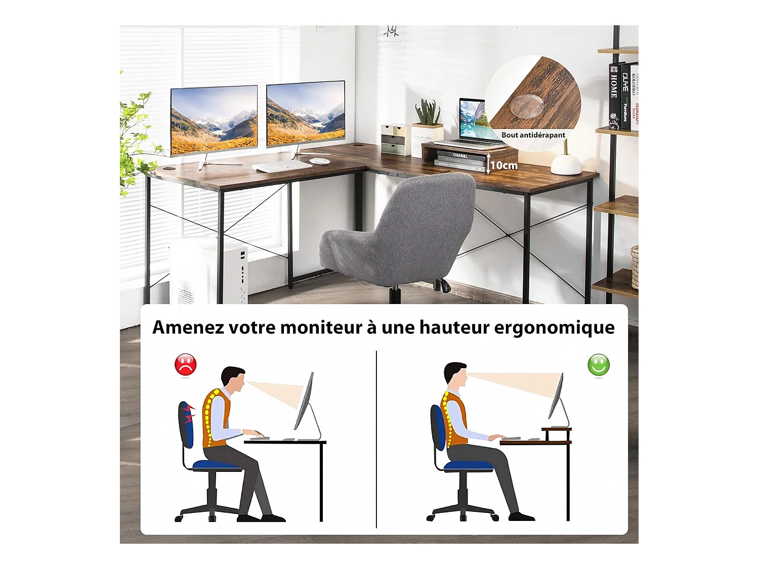 Bureau d'angle en L Réversible avec Support de Moniteur/Poste de Travail Industriel pour 2 Personnes avec 3 Trous de Câble- 150 x 150 x 74 CM, Marron Rustique