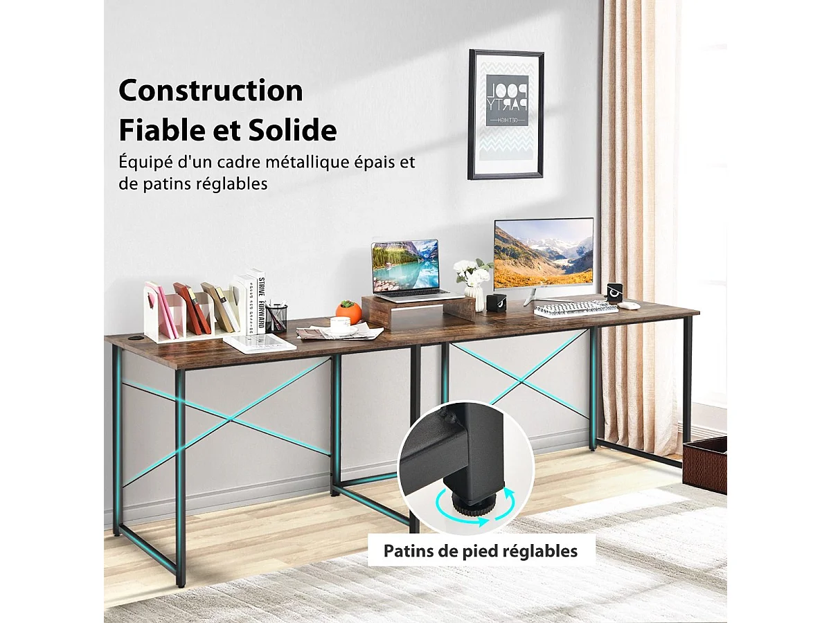 Bureau d'angle en L Réversible avec Support de Moniteur/Poste de Travail Industriel pour 2 Personnes avec 3 Trous de Câble- 150 x 150 x 74 CM, Marron Rustique