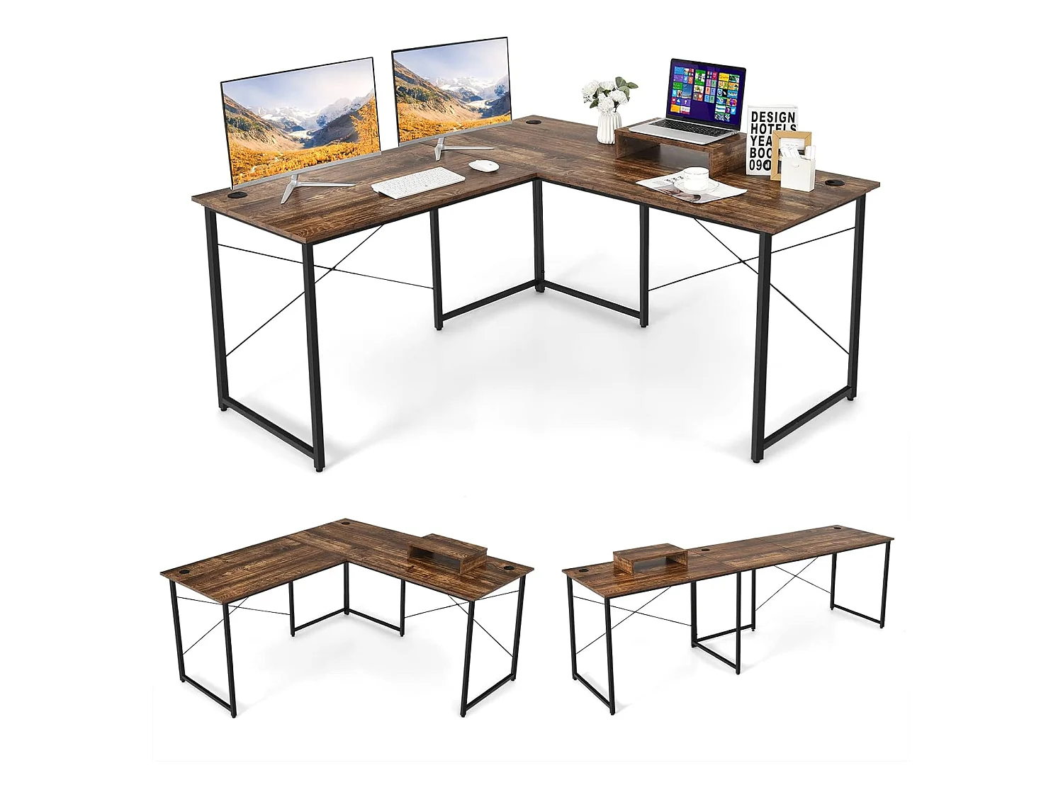 Bureau d'angle en L Réversible avec Support de Moniteur/Poste de Travail Industriel pour 2 Personnes avec 3 Trous de Câble- 150 x 150 x 74 CM, Marron Rustique