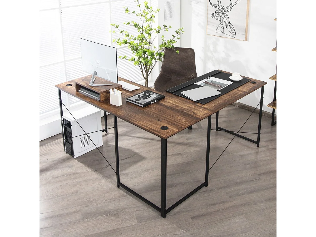 Bureau d'angle en L Réversible avec Support de Moniteur/Poste de Travail Industriel pour 2 Personnes avec 3 Trous de Câble- 150 x 150 x 74 CM, Marron Rustique