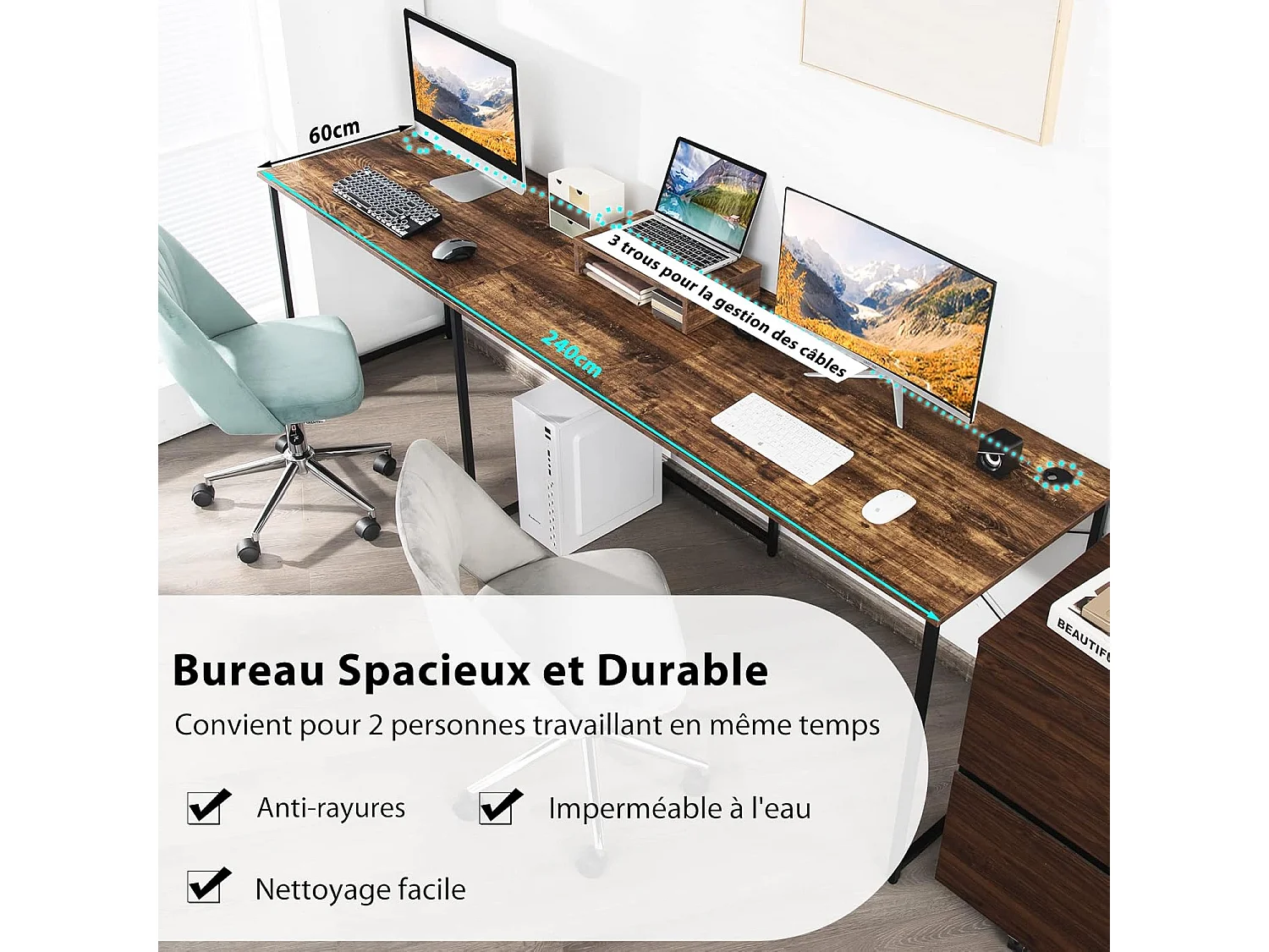 Bureau d'angle en L Réversible avec Support de Moniteur/Poste de Travail Industriel pour 2 Personnes avec 3 Trous de Câble- 150 x 150 x 74 CM, Marron Rustique