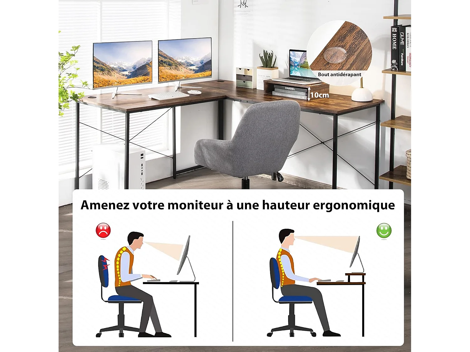 Bureau d'angle en L Réversible avec Support de Moniteur/Poste de Travail Industriel pour 2 Personnes avec 3 Trous de Câble- 150 x 150 x 74 CM, Marron Rustique