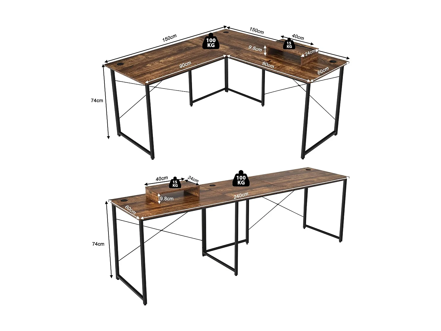 Bureau d'angle en L Réversible avec Support de Moniteur/Poste de Travail Industriel pour 2 Personnes avec 3 Trous de Câble- 150 x 150 x 74 CM, Marron Rustique
