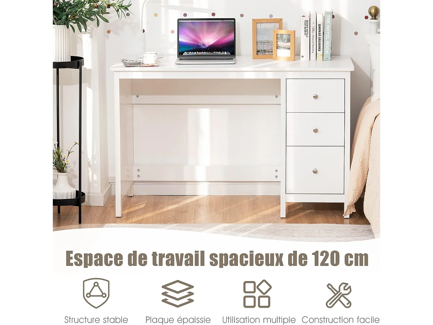 Bureau d'Ordinateur, Table de Bureau avec 3 Tiroirs de Rangement, Bureau d'Écriture, Table d'Étude, Postes de Travail pour Chambre, Bureau, 50 x 120 x 75 cm (Blanc)