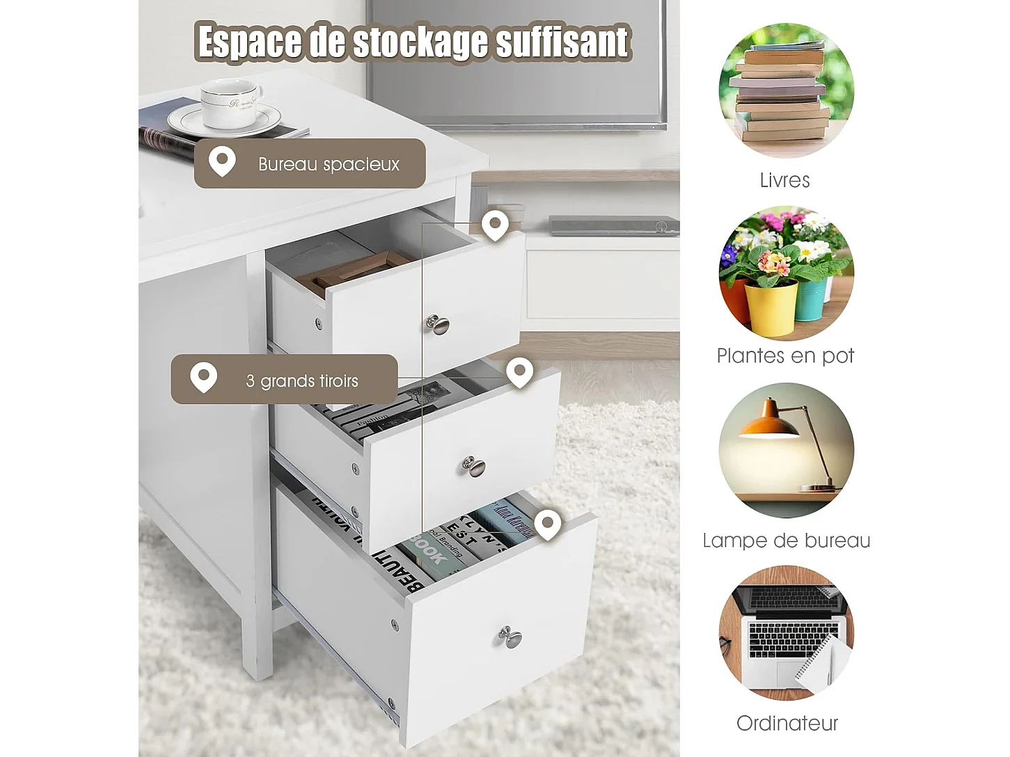 Bureau d'Ordinateur, Table de Bureau avec 3 Tiroirs de Rangement, Bureau d'Écriture, Table d'Étude, Postes de Travail pour Chambre, Bureau, 50 x 120 x 75 cm (Blanc)